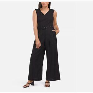 Tahari Black Ribbed Linen Wide Leg Jumpsuit Size 10